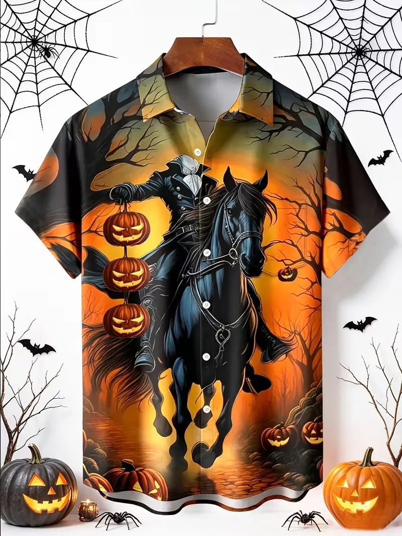 Men Halloween Headless Horseman Print Aloha Shirt Short Sleeve Button Down Spooky Pumpkin Horse Graphic Hawaiian Shirts Tops