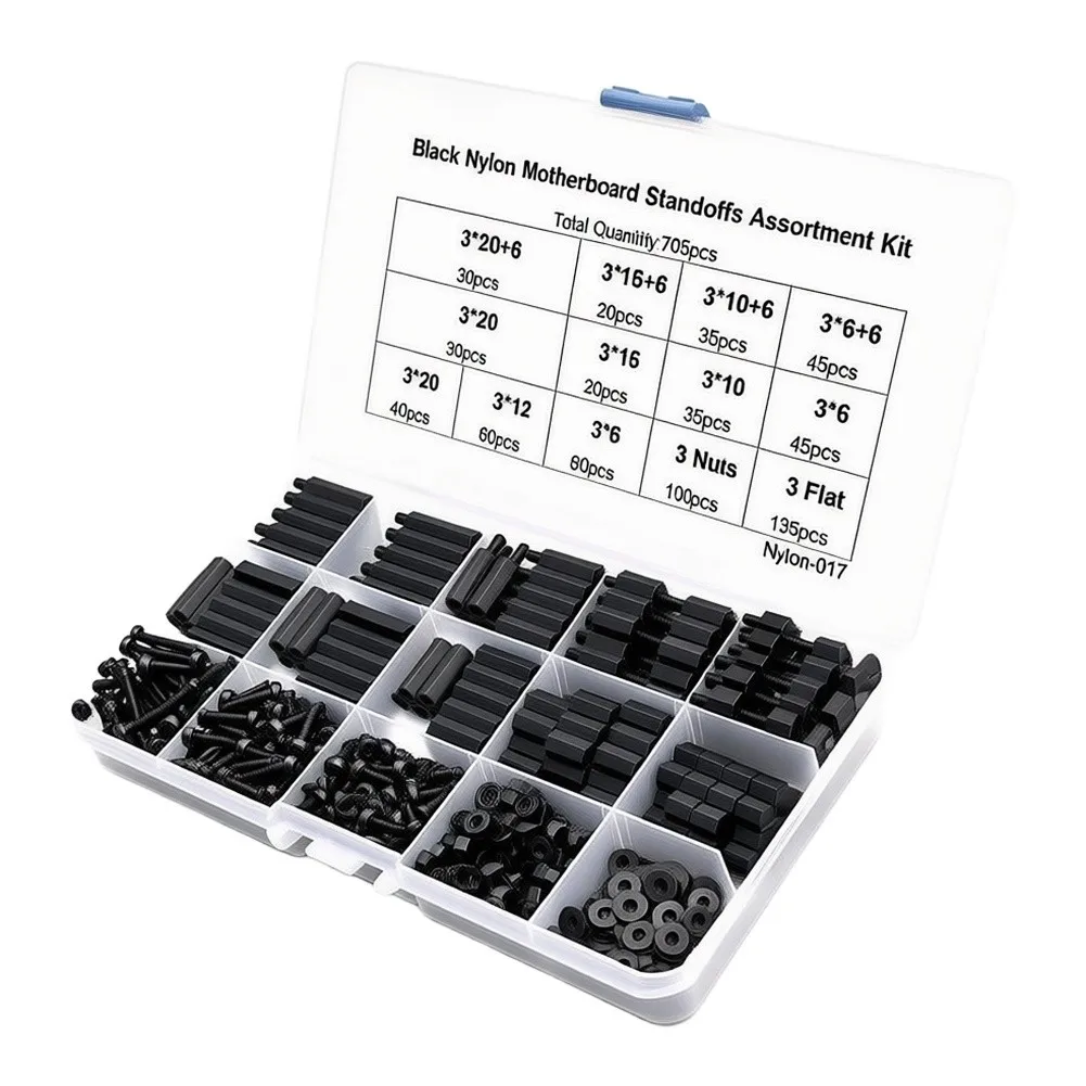 For M3 Black Nylon Standoff and Screw Set 705 Pcs Including Female Female Male Female Spacers Nuts Washers for DIY Projects