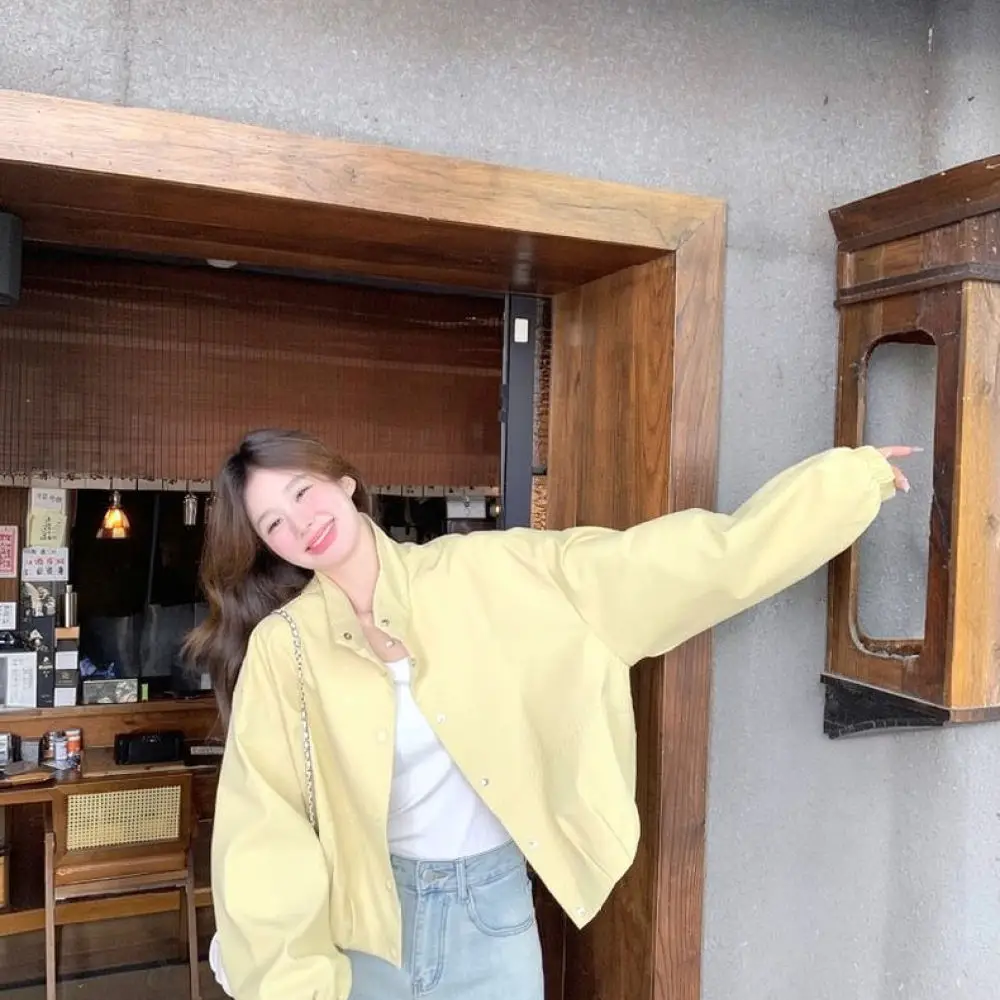 Women Cream Yellow Jacket Stand Collar Korean Style Autumn Spring Casual Loose Long Sleeve Cargo Windbreaker