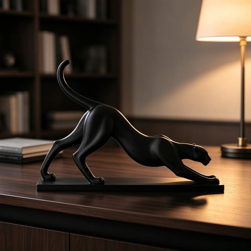 3D Printed In-vehicle Creative Black Stretching Jaguar Figurine For Home Office Desktop Decoration Gift Animal Model