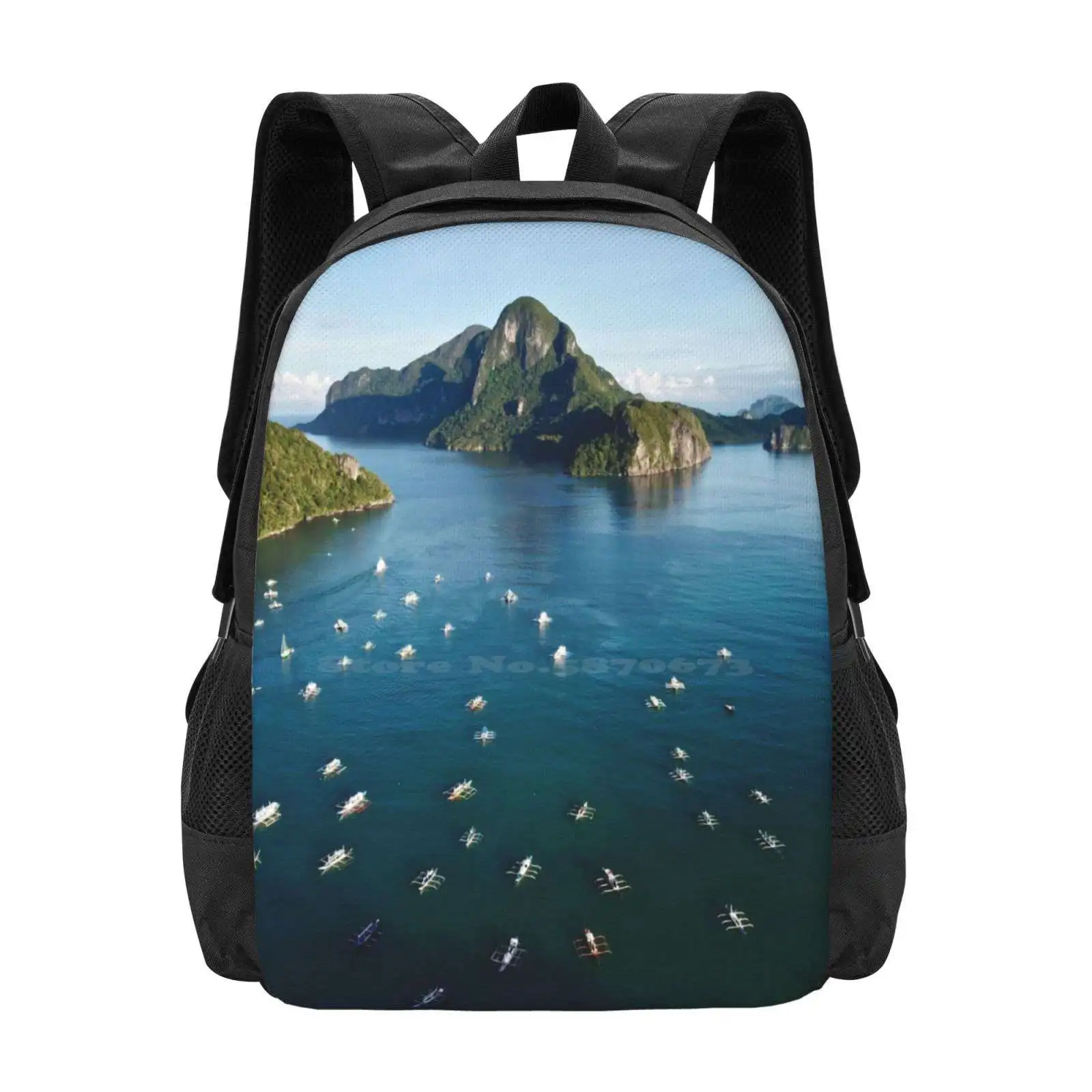 A Drone Shot Of The Philippines Islands From El Nido Pattern Design Bag Student'S Backpack El Nido Islands Boats Landscape