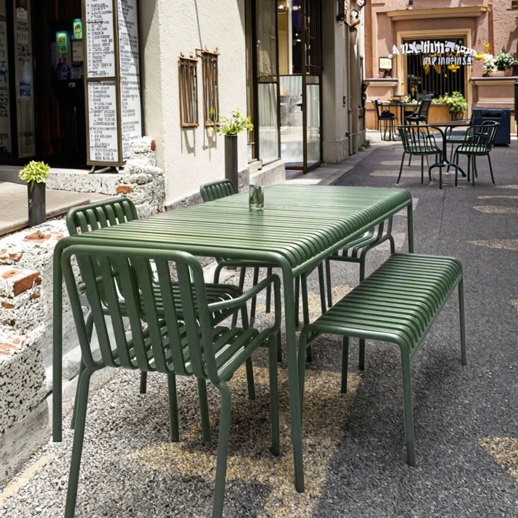 

!@Modern Square Metal Table Chairs for Outdoor Patio Dining Wood-Panel Style with Iron for Garden for Restaurants Coffee Shops