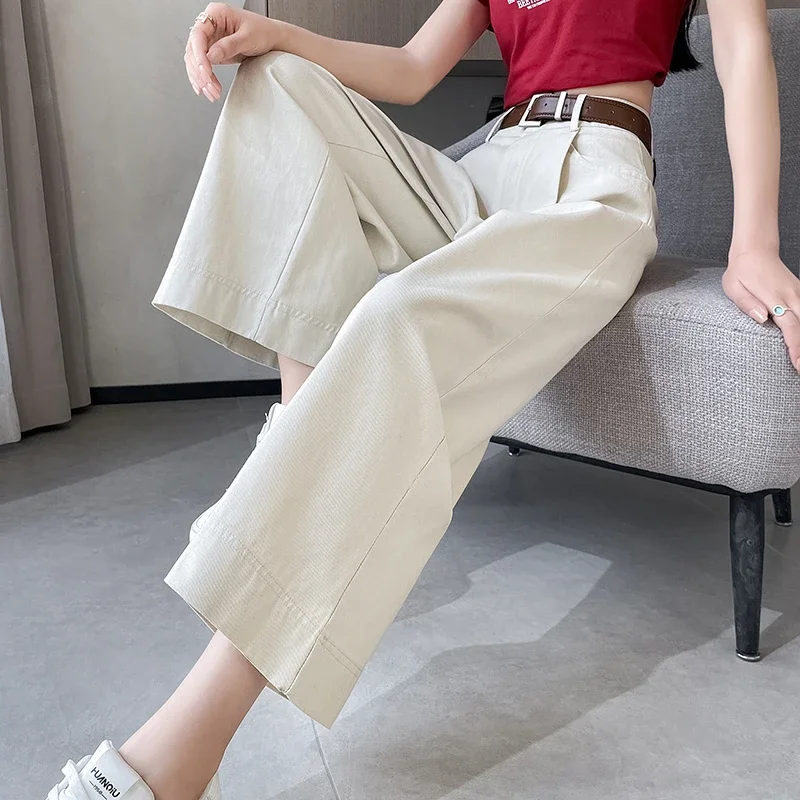 

Vintage 2024 New Ankle Lengtth Women's Cargo Pants Elegant Wide Leg High Waist Solid Minimalism Loose Casual Trousers Female