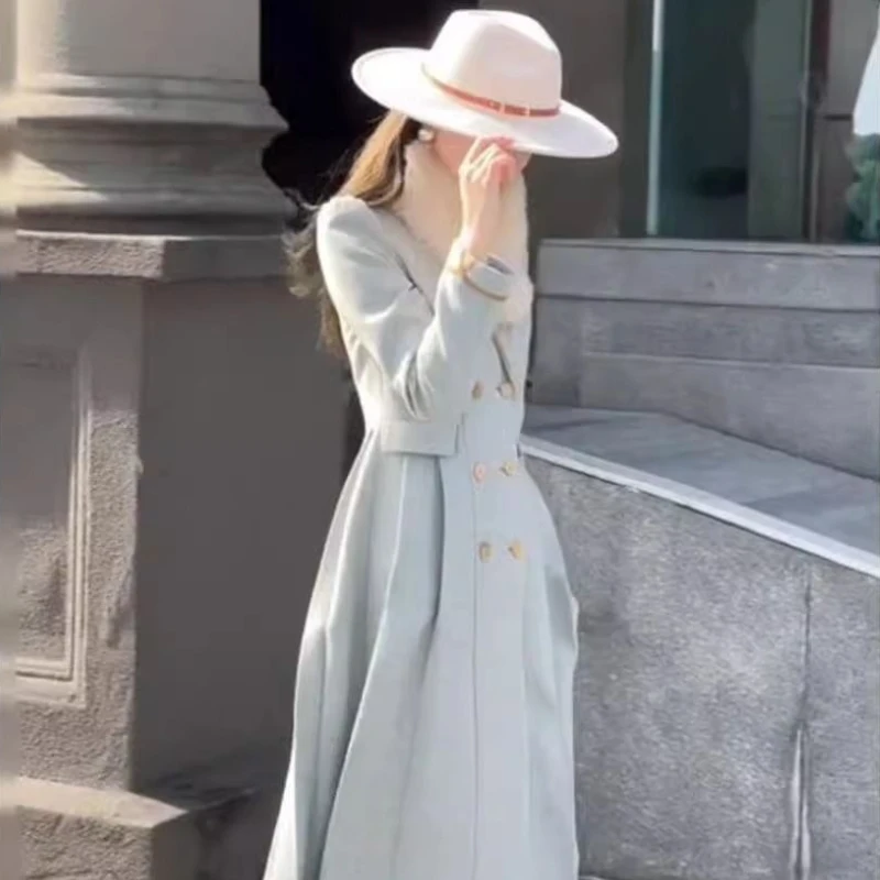 

Spring Fall Women Double Breasted Buttons High Waisted Blue Trench Coat , 2025 Woman Clothes Patchwork Coats