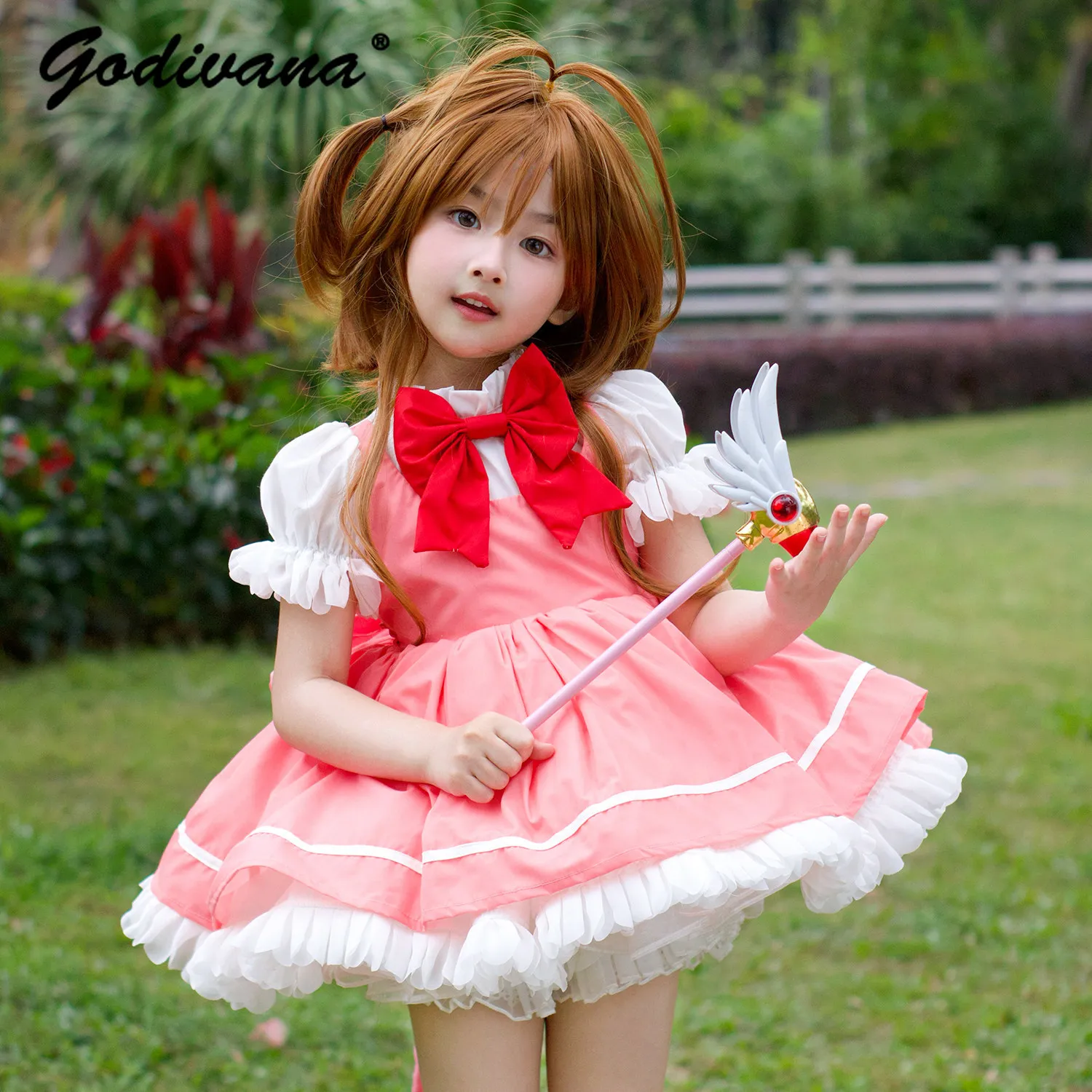 Sweet Baby Girls Lolita Princess Cosplay Dress 2026 New Summer Kids Puff Short Sleeve Bow Ruffle Trim High Waist Thin Ball Gown