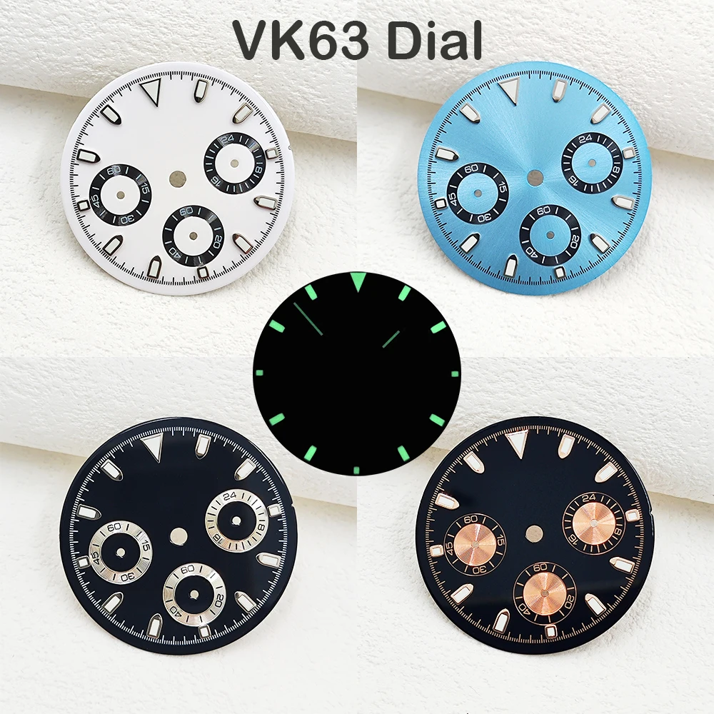 

29mm VK63 Dial for Quartz Movement Chronograph Face 6 Hands Watch Parts Green Luminous Fit for 39mm Watch Cases
