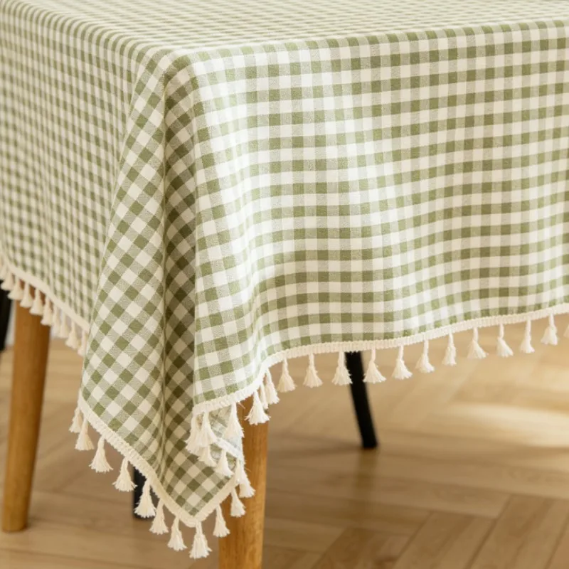 Mint Green Small Check Pattern Country-Style Rectangular Tablecloth with Beige Tassel Festive Decorative Gift Table Cover