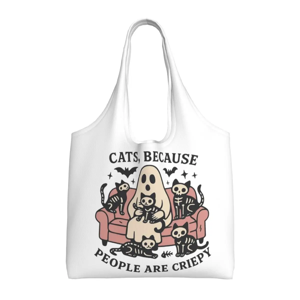 Creepy Cats And Ghostly Tales Funny Halloween Print Cotton Tote Bag - Casual Commuter Shoulder Bag for Grocery Shopping