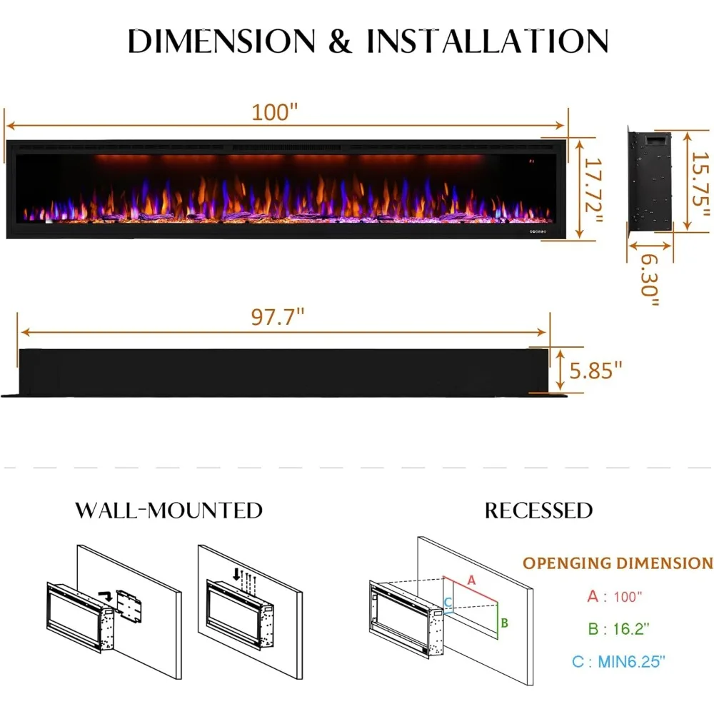 100 inch Electric Fireplace, Wall Mounted Fireplace Insert for Living Room, Realistic Flame Fire w/Multicolor