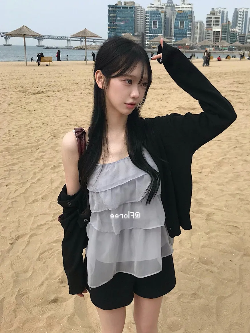 Gentle Cold Korean Style Pure Desire Fairy Atmosphere Chiffon Strap Vest Dongda Gate Women's Fashion Outerwear round Neck