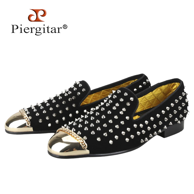 Piergitar Handmade Men Suede Shoes With Front Gold Buckle And Spikes Slip-On Smoking Slippers Wedding Party Matching Louboutins