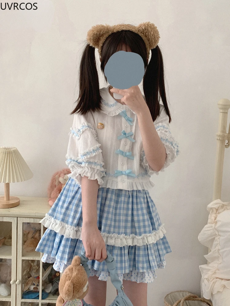 Autumn Sweet Lolita Plaid Skirt Suit Women Kawaii Bow Cotton Shirt Crop Tops Mini Skirts Girl Cute Two Piece Sets Lolita Outfits