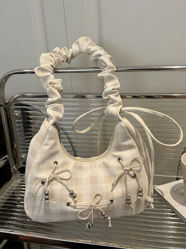 

Casual Knot Plaid Pleated Cloud Bag Women's Fre Underarm Crossbody Bag Leisure Slung Bag Faion Commute Sle
