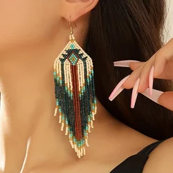 Bohemian style long tassels, handmade beaded earrings, seed beads, geometric shapes, earrings, gifts for mothers