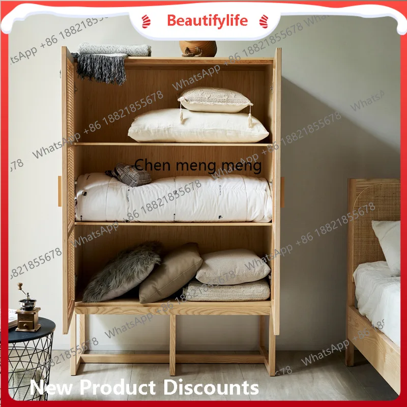 

Wabi Sandy Wind Solid Wood Rattan Dining Side Cabinet Home Living Room Vintage Storage Bedroom Clothes Storage Cabinet H