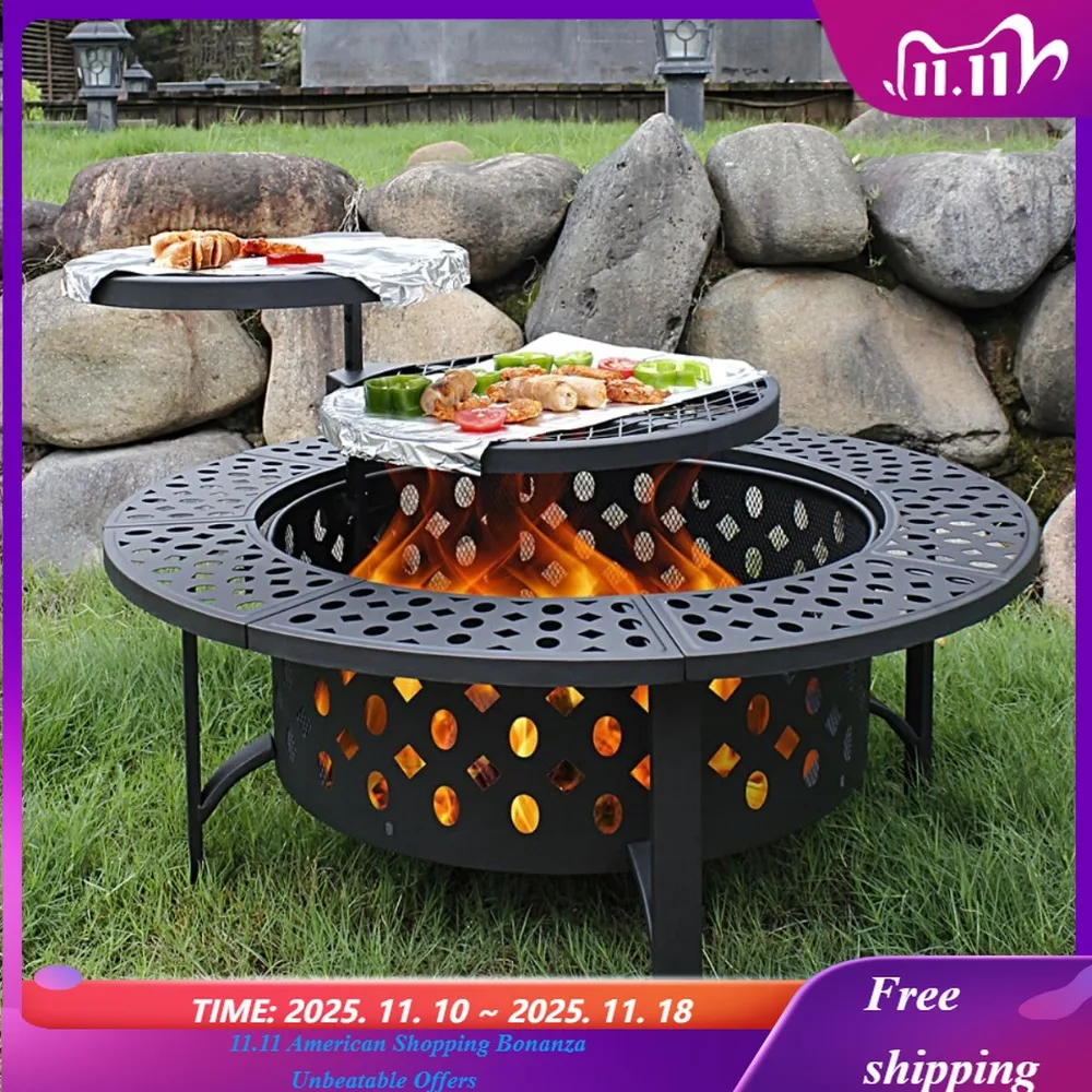 

Костра с двумя решетками, дровяные костра для улицы с крышкой, покером и круглой водонепроницаемой крышкой, барбекю и уличным огнем