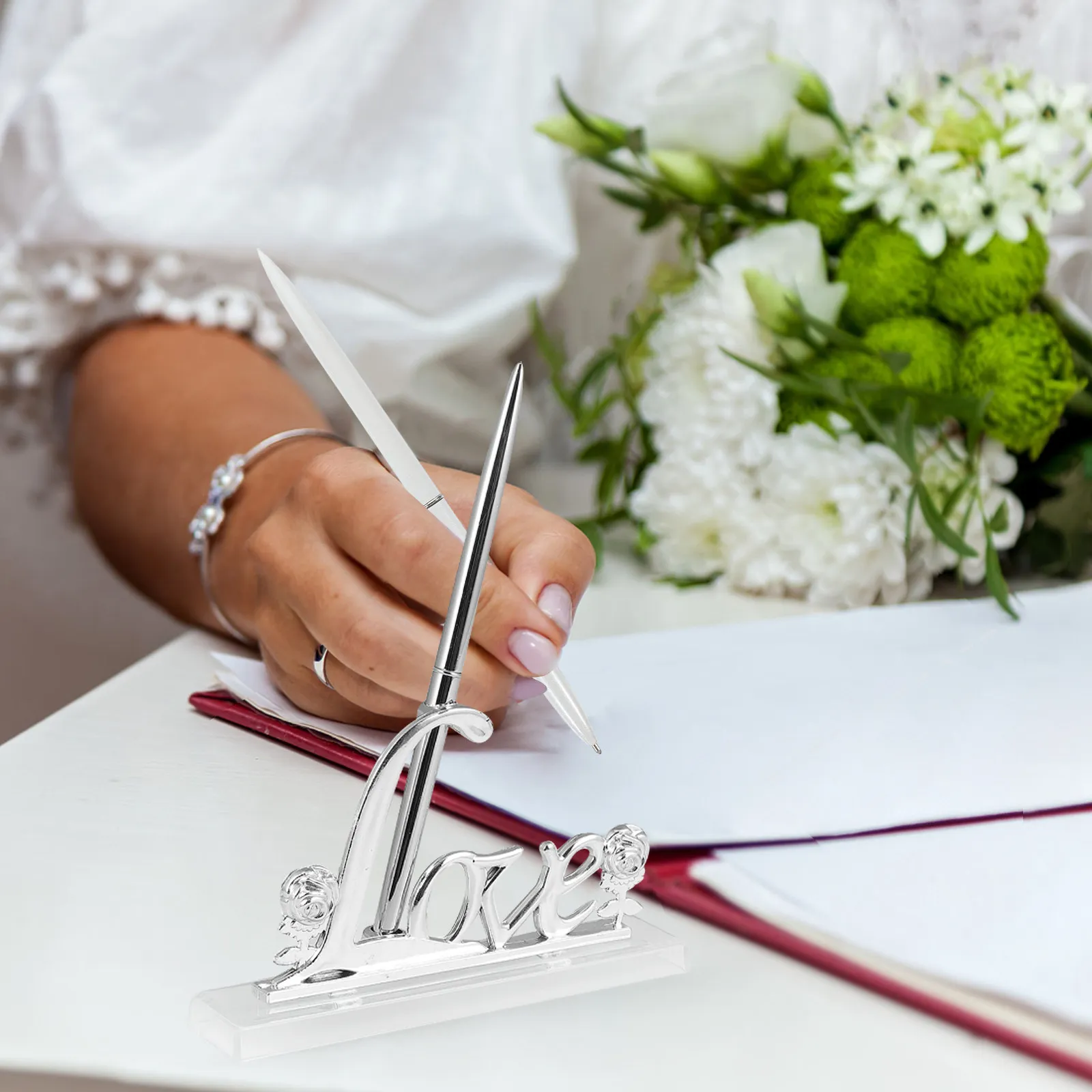 Wedding Guest Book Signing Ballpoint Metal Holder Love Theme Signature Pen Bridal Ceremony Wedding Certificate