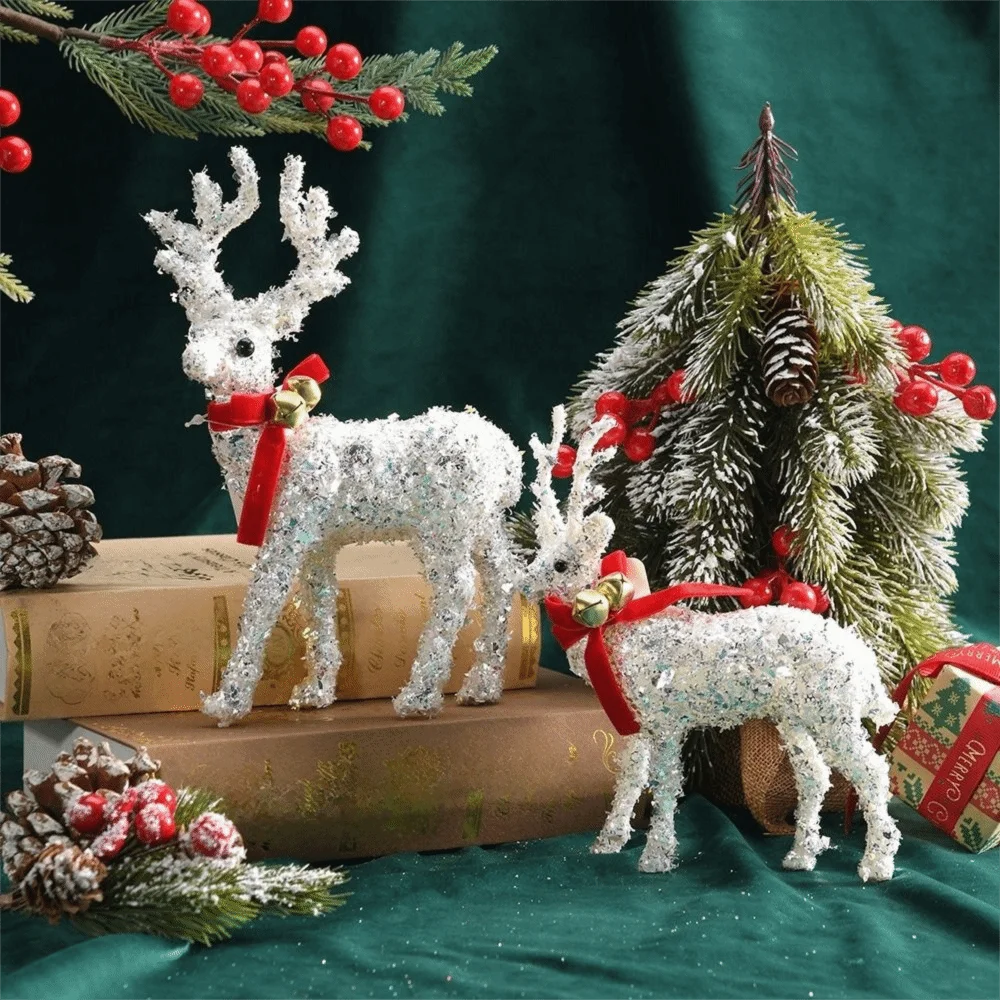 Cartoon Christmas Reindeer Ornaments With Scarf With Bell Deer Statue Decorations Glittering Elk Cloth Decor