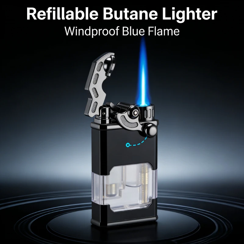 

New Glow-in-Dark Rocker Design Jet Lighter Clear See-through Body Ergonomic Ignition Windproof Butane Cigar Accessory