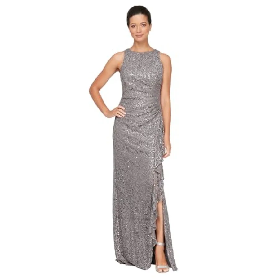 Women's Long Sleeveless Mother of the Bride Dress W/Cascade Ruffle and Front Slit Petite and Regular Sizes