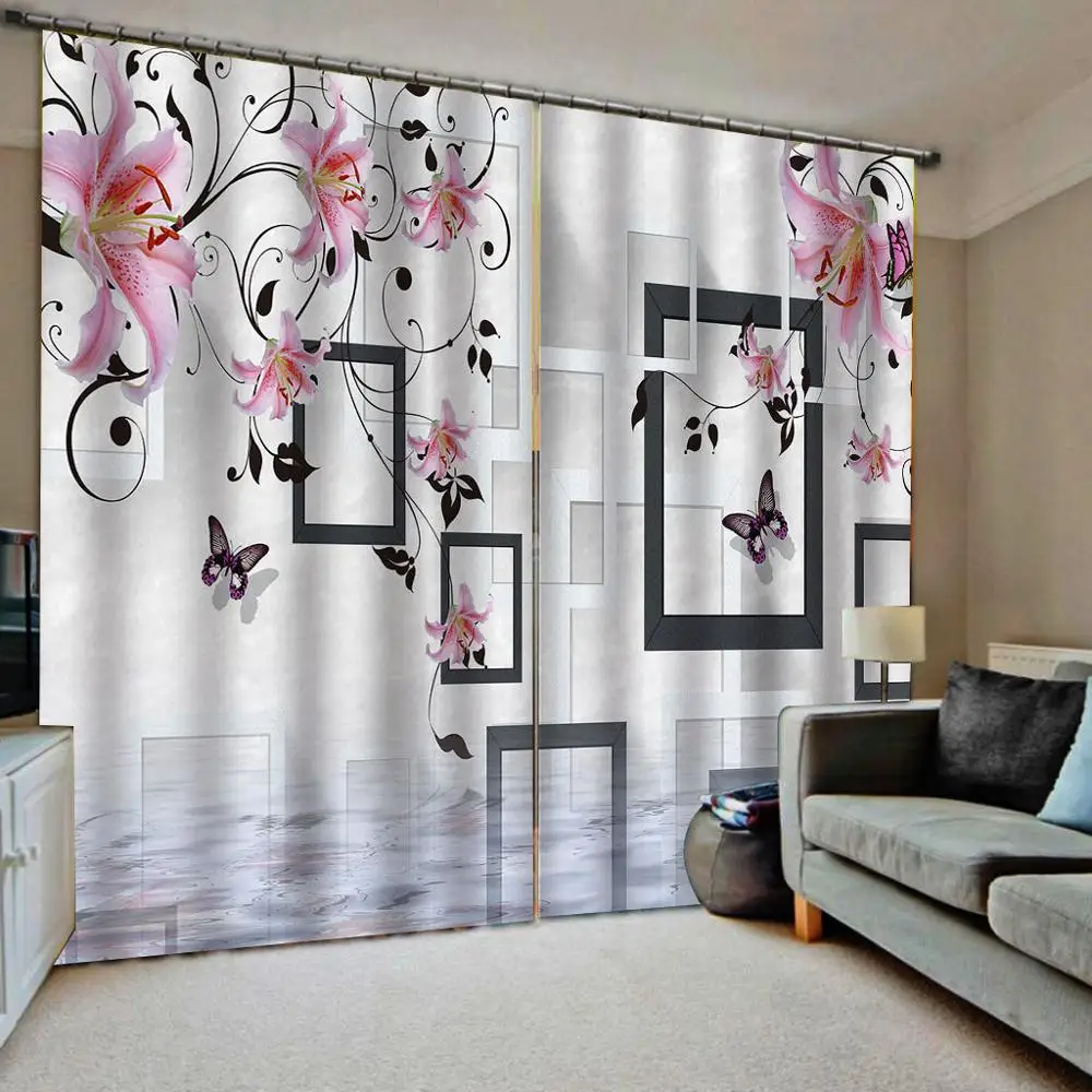 Pink curtains flower lily 3D Curtain Luxury Blackout Window Curtain Living Room stereoscopic curtains