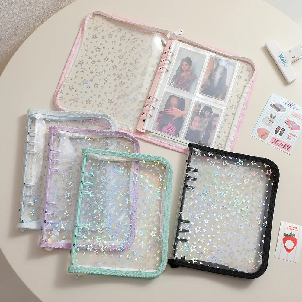 A5 Laser Star Zipper Binder Collect Book Refill Organizer DIY Journal Dairy Transparent Kpop Idol Photo Album Kawaii Stationery