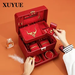 High-grade three-gold jewelry box, lottery gift, four-gold gold storage box, festive red hardware, dowry jewelry storage box