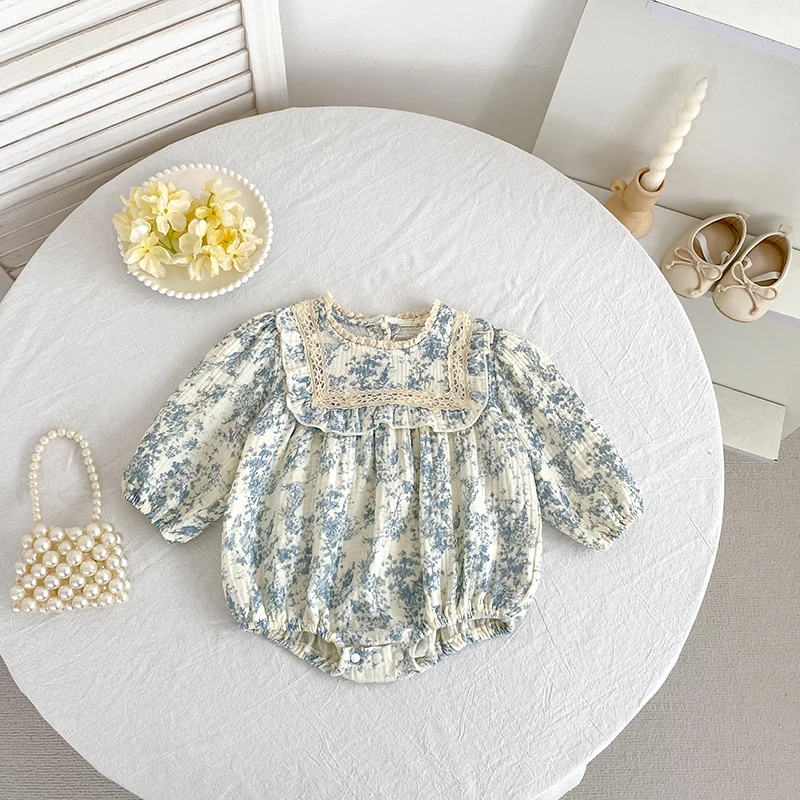 Baby Girl Floral Romper Long Puff Sleeve Lace Square Collar Gauze Bodysuit Newborn Infant Spring Autumn Jumpsuit Outfit 0-24M