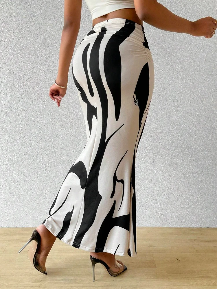 Women's Summer Printed High Waist Zebra Print Midi Skirt Bodycon Ruched Fishtail Skirt Slim Fit Stretch Pencil Skirt