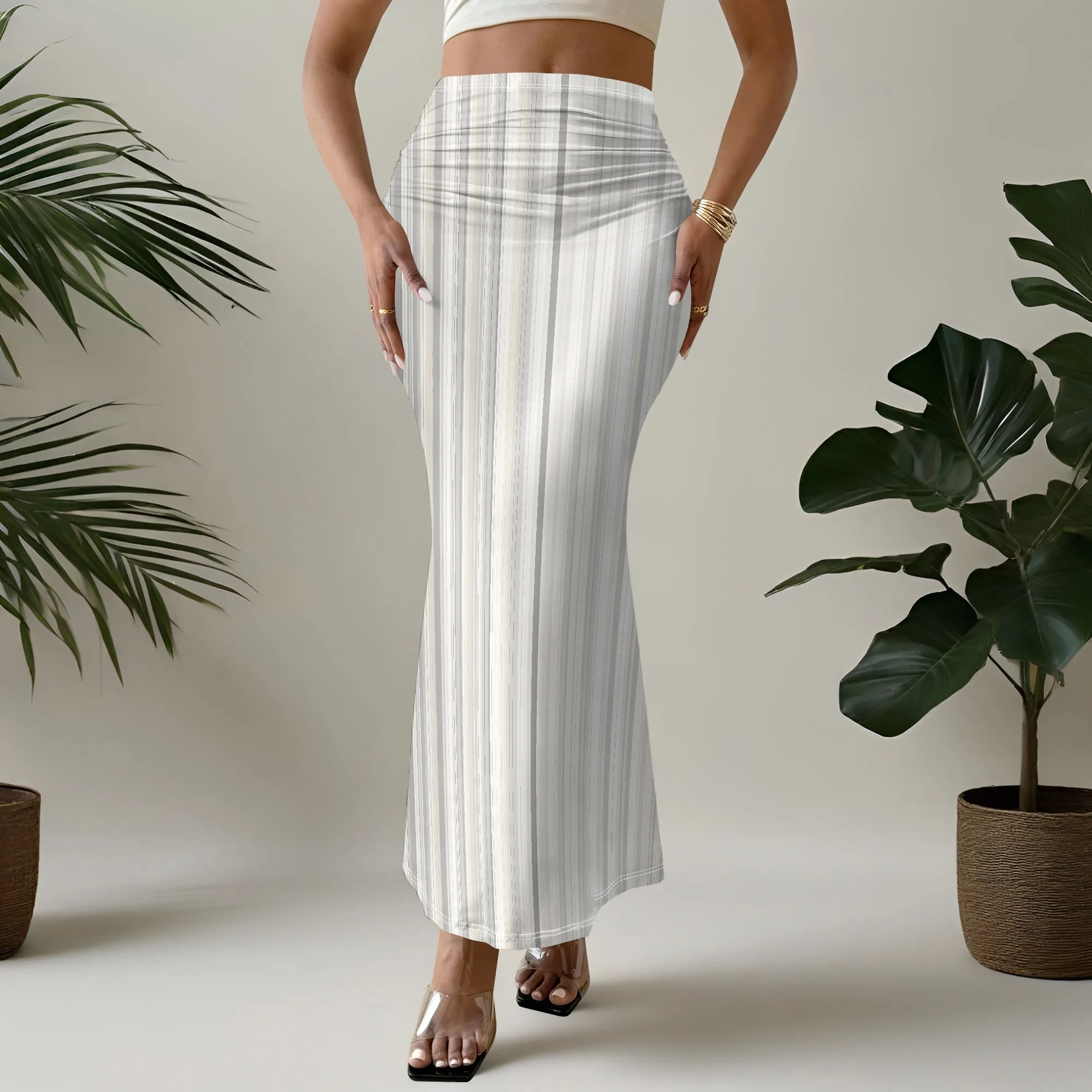 Striped Print Mermaid Skirt, High Waist Bodycon Midi Skirt, Elegant Ruched Pencil Skirt for Women, S-2XL