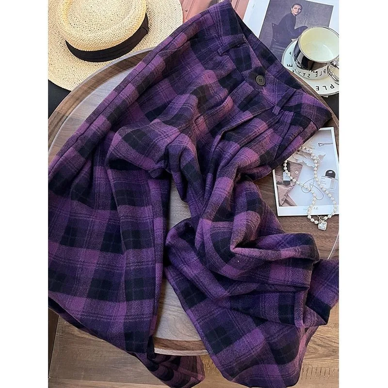 High-waisted straight-leg slimming purple checkered casual pant women laid-back style fashionable loose versatile wide-leg pants