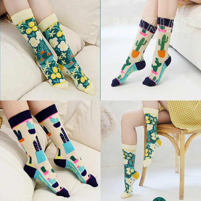 Chaussettes en coton pour femmes, tendance, haute qualité, motifs plantes, cactus, graffiti, tendance