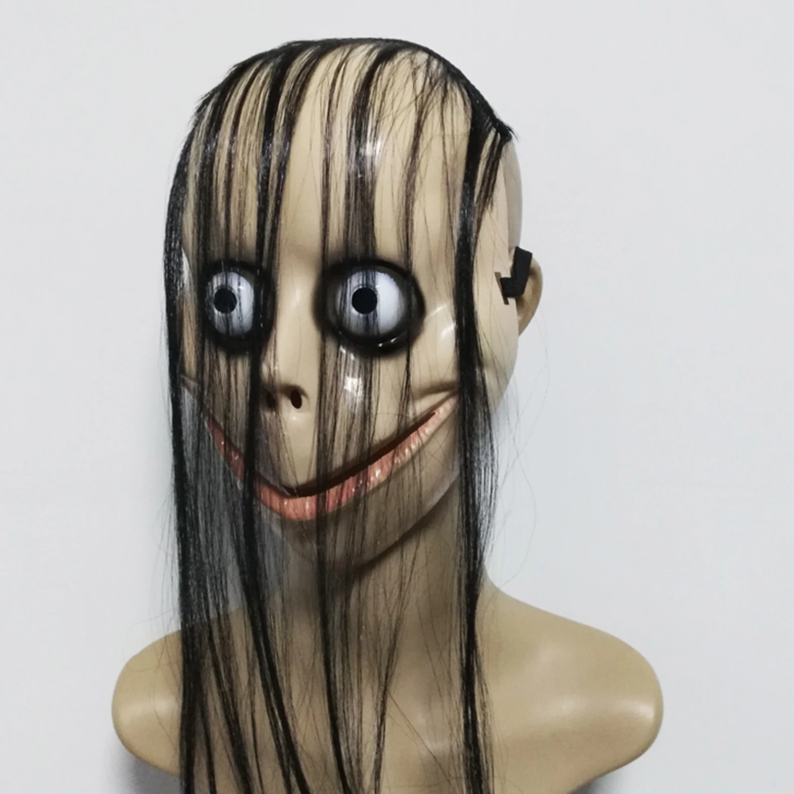 Momo Scary Face Cover Latex Head Cover With Long Hair And Creepy Eyes Halloween Scary Party Supplies Cosplay Costumes