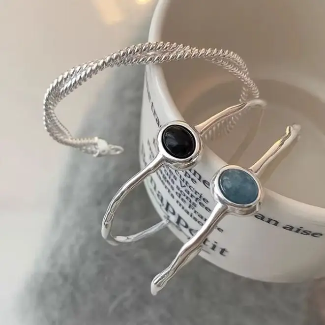 Sam Panda 925 Sterling Silver Black Agate Bracelet For Women Geometry Irregular Design Versatile Jewelry Gift Dropshipping