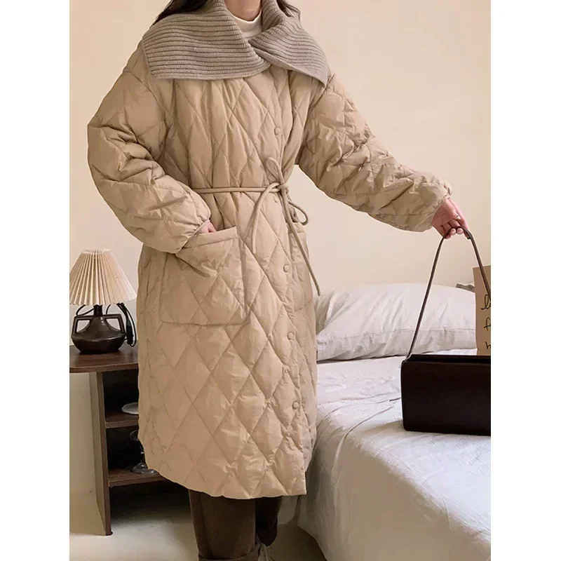 Long Women Winter Coat Diamond Grid with Belt Down Jacket Knitted Collar Patchwork Quilted Jackets Chic Single Breasted Pocket