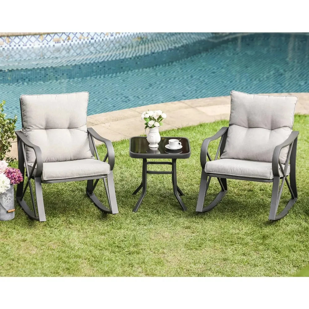 

3 Piece Bistro Set Patio Rocking Chairs Outdoor Furniture w Warm Gray Cushions, Glass-Top Table for Garden, Pool,, Customized