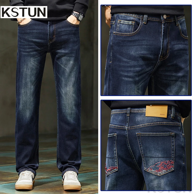 

KSTUN 2026 Spring Autumn Men's Straight Fit Jeans Embroidered Pocket Stretch Denim Pants Casual Retro Streetwear Trousers