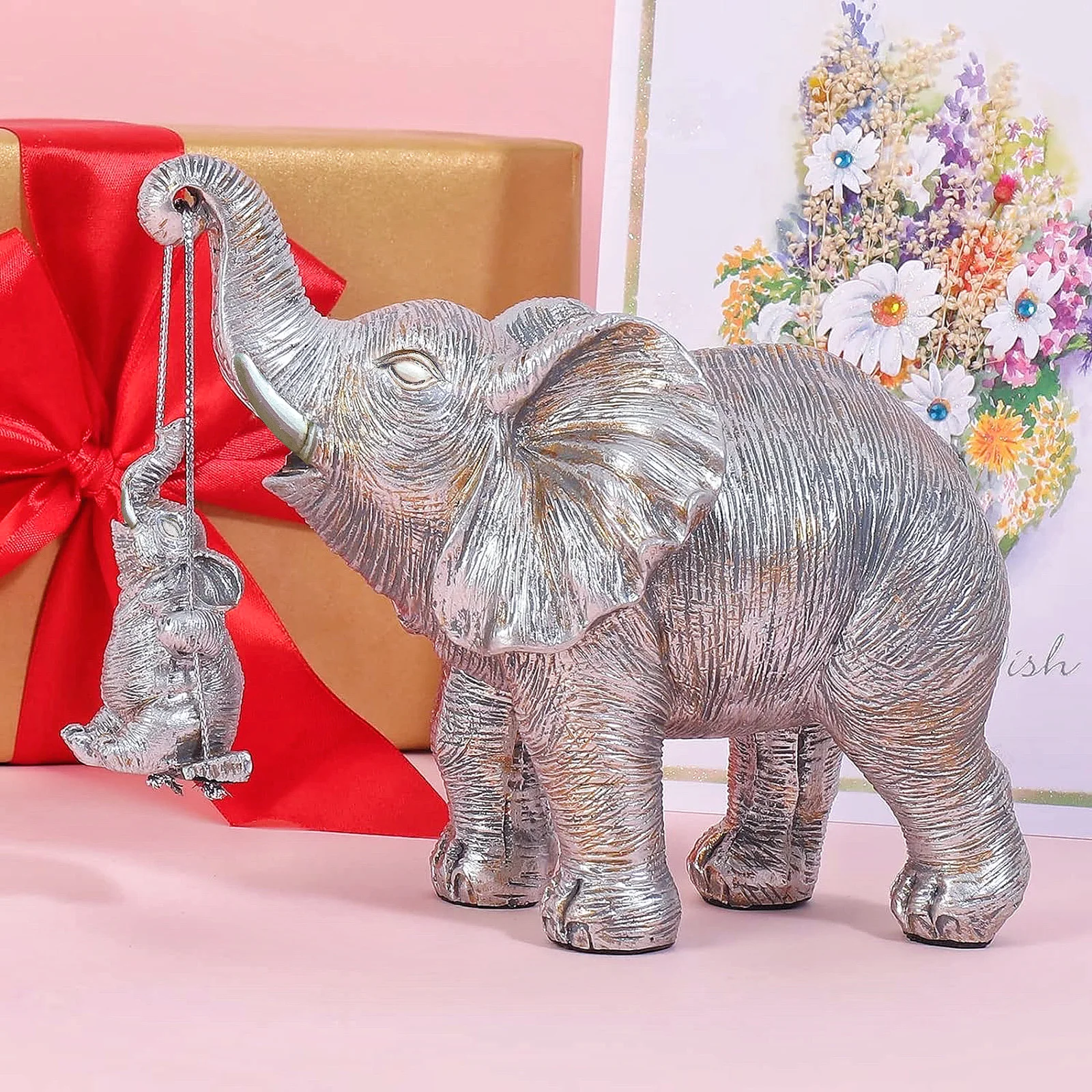 Swing Elephant Gold Silver Resin figurine set Christmas set Home sculpture art Living room table decorative crafts Family gift