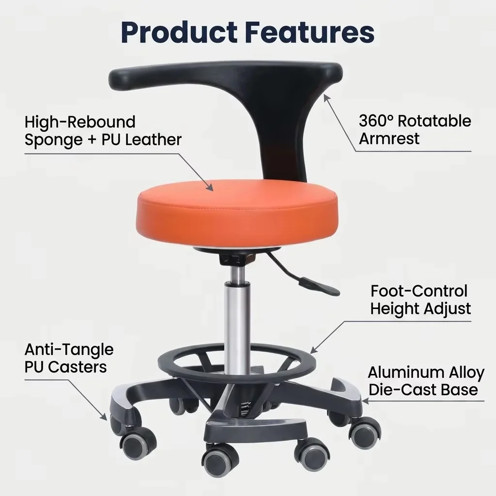 Hospital Dental Chair Medical Stool for Surgeons Dental Assistants Ergonomic Adjustable Swivel Backrest PU Leather Modern Design