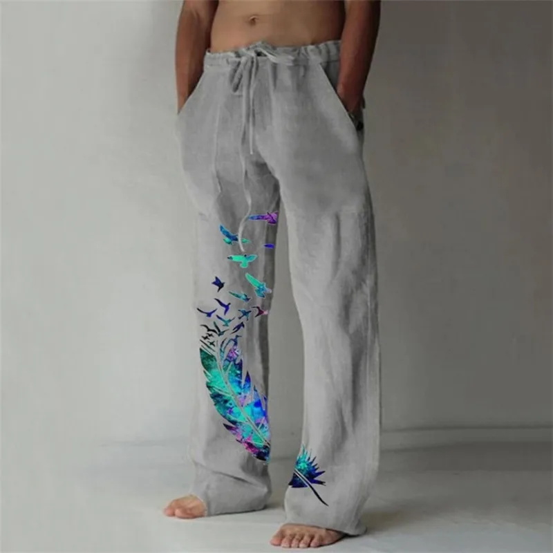 Men's Casual Linen Blend Loose Pants with Colorful Feather Print Drawstring Waist Long Trousers for Youth