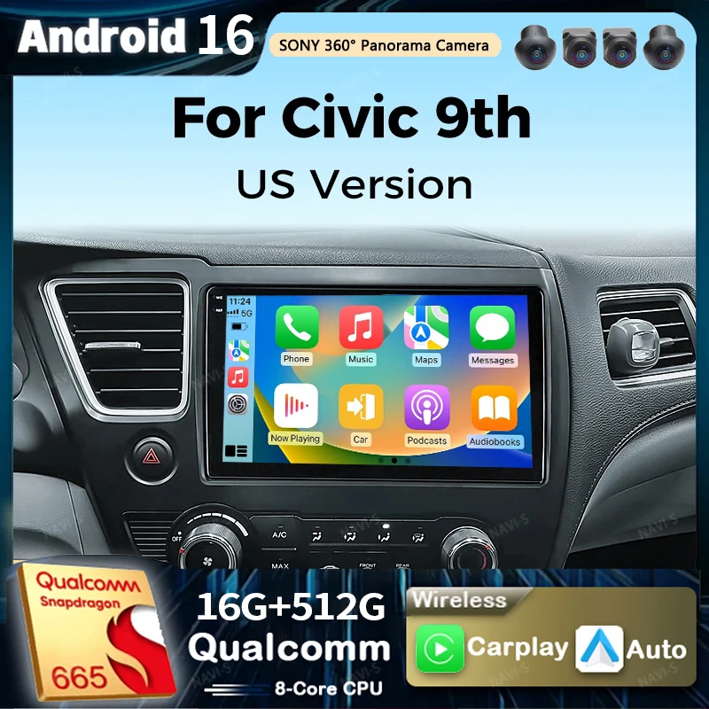 Android 16  Multimedia Player For Honda Civic 9 9th US Sender Coupe Car Radio 2k Screen Navigation GPS Carplay Stereo Head Unit