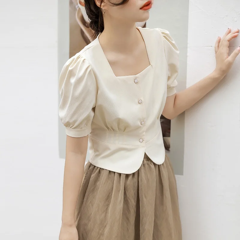 

Женский топ в стиле ретро Bubble Sve irt с завязкой на талии, летний высококачественный топ с квадратным воротником, корейский топ для поездок на работу