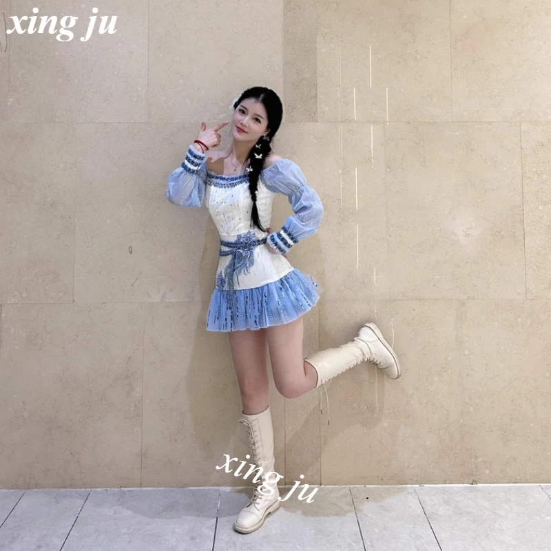 Cantor coreano sexy rendas retalhos sem alças vestido curto feminino grupo jazz dança traje kpop boate dj palco desempenho wear