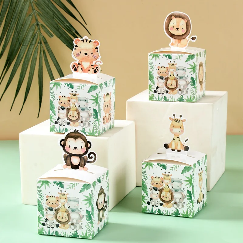 24pcs Jungle Animal Candy Boxes Safari Birthday Party Decoration Kids Gift Packaging Box Wild One Baby Shower Supplies Box Bag