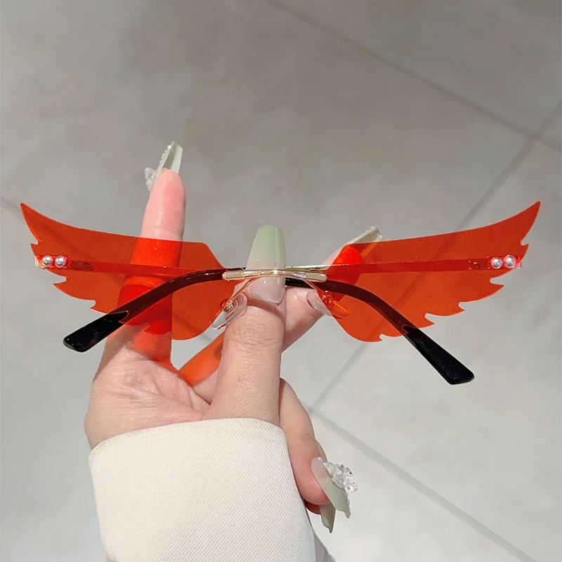 KAMMPT Rimless Wings Shaped Sunglasses New Fashion Decorative Rave Sun Glasses Women Stylish Trendy Design Beach Vacation Shades