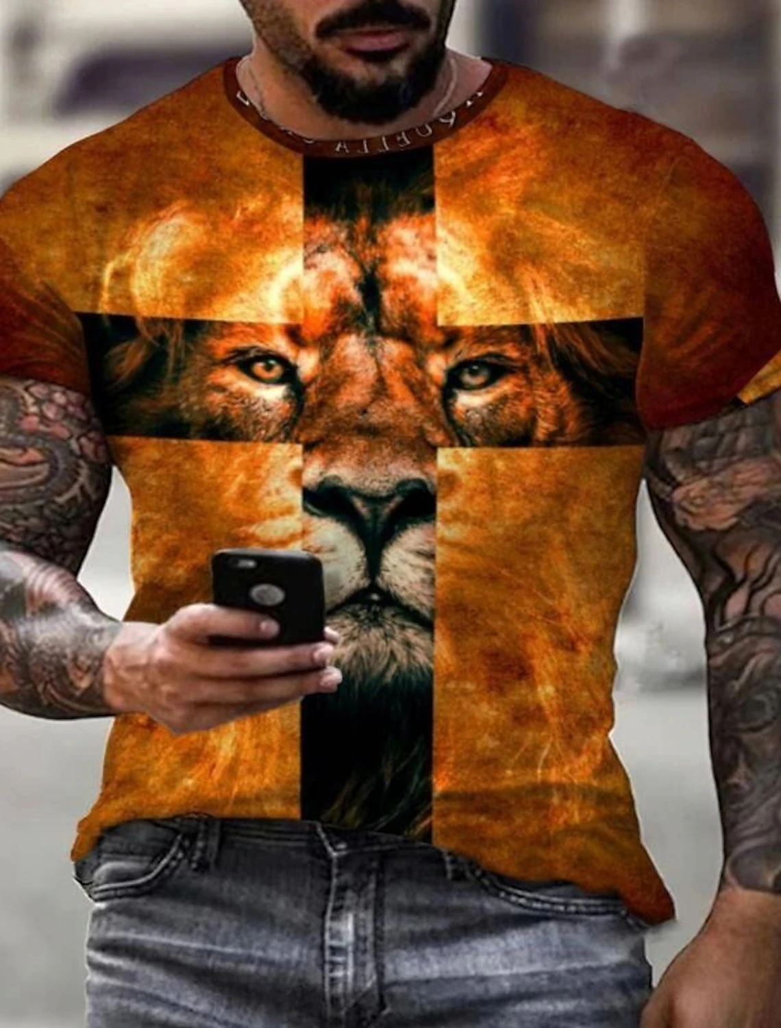 2023 New Men\'s Gender-Neutral T-Shirt 3D Printed Lion Round Neck Casual Short Sleeve Top Street Wea Men\'st-Shirtoversizedt-Shirt