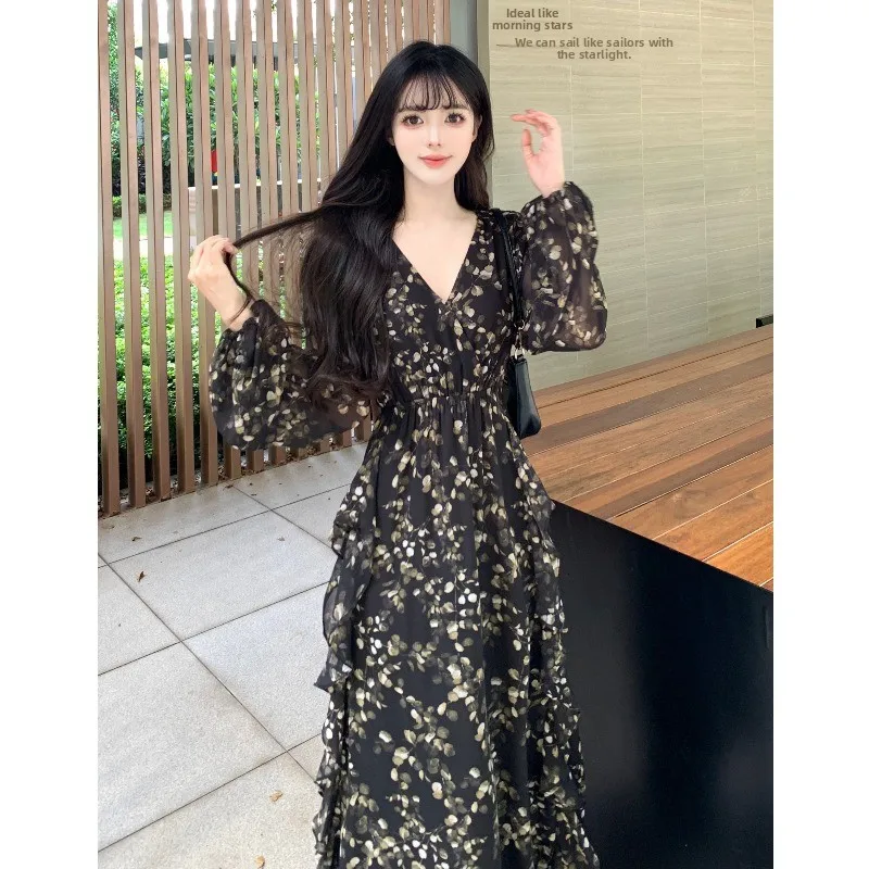 

Plus Size plus Size Long Sve Bla Floral Vintage High Waist Dr Women's A-Line Midi Dr Spring New Sle Cover Hip Conced Zi...