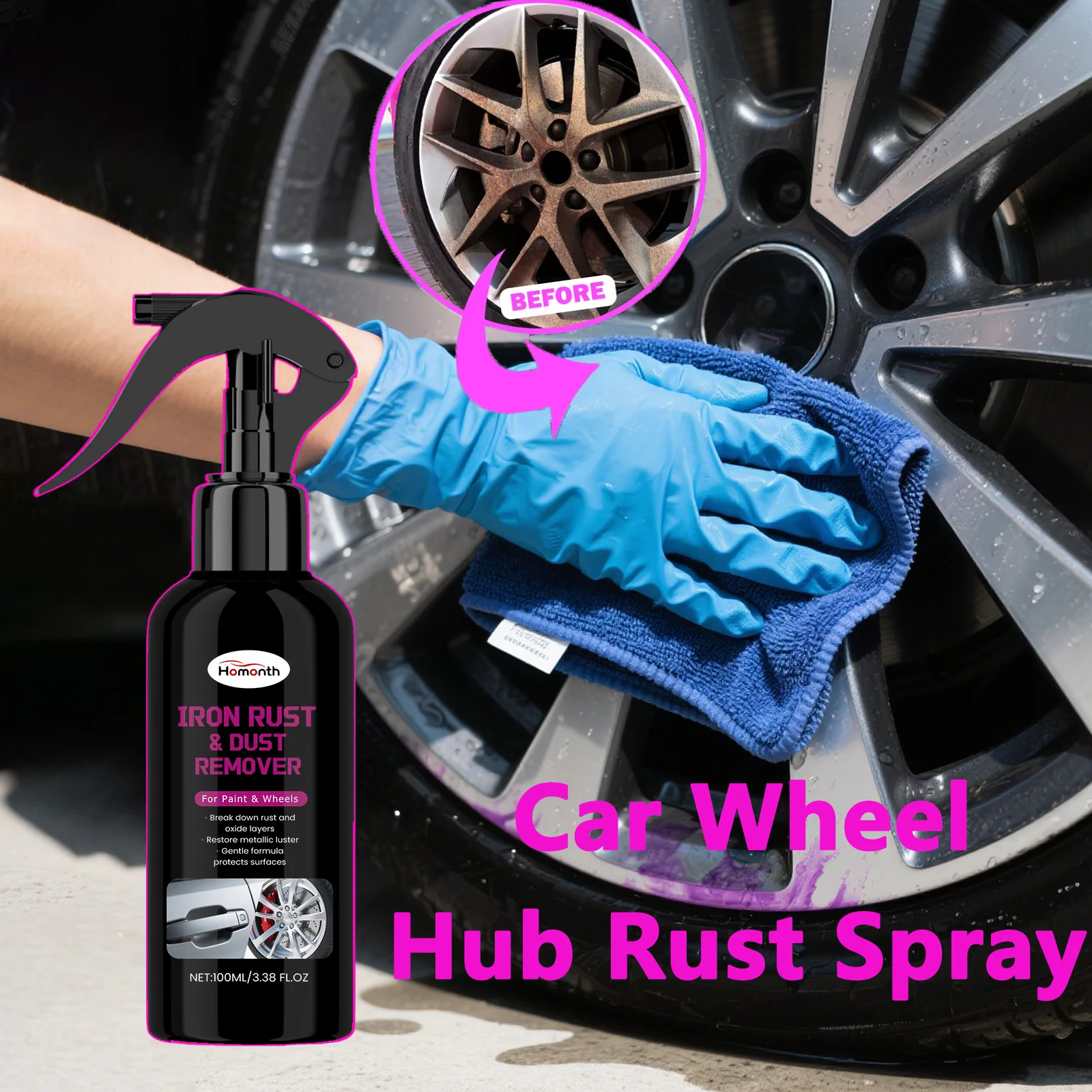 Auto-Felgenreiniger-Spray, leistungsstarker Rostentferner für Felgen und Radkappen aus Legierung, Bremsstaub-Auflösung, korrosionsbeständiger Glanzschutz