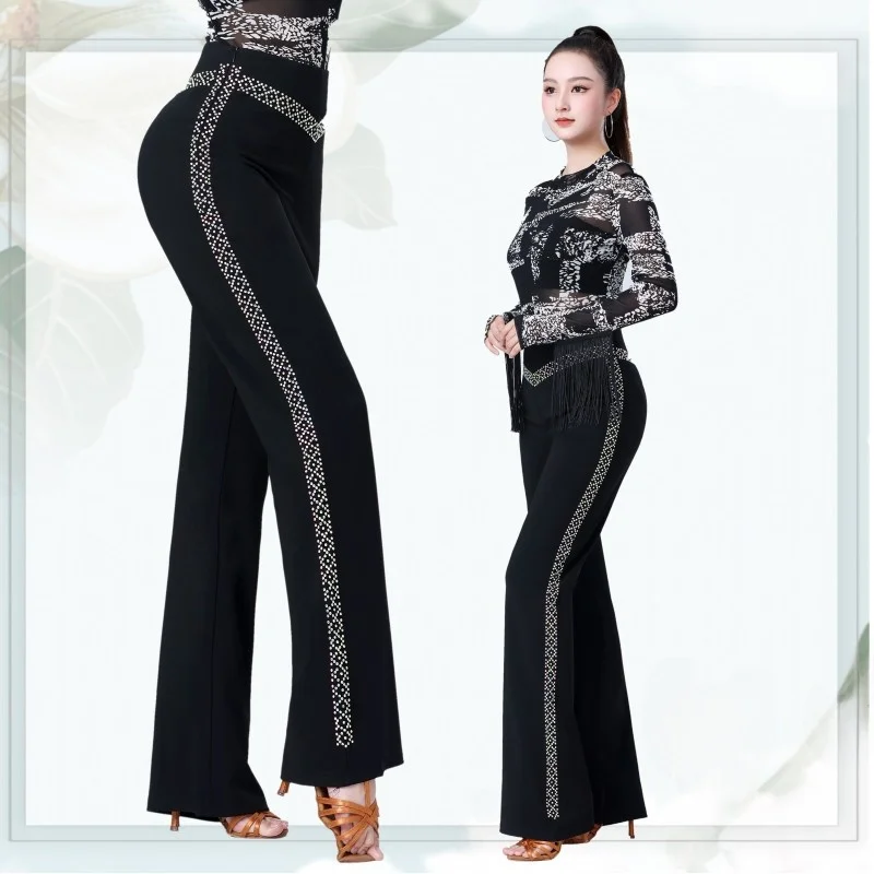 fashionable-high-waist-shiny-diamond-long-dance-pants-women's-square-dance-latin-dance-pants-for-fitness-and-performance