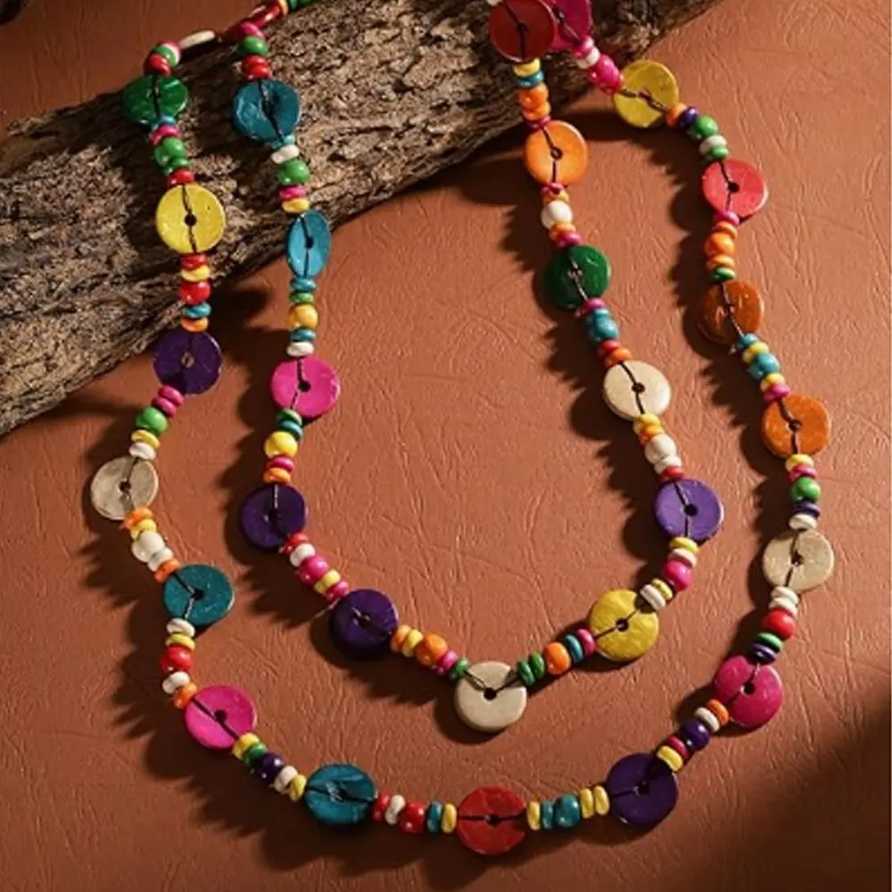 Fashion Coconut Shell Long Beaded Colorful Irregular Beaded Bohemian Chunky Coated Reflective Glass Beads Vintage for Women view 3